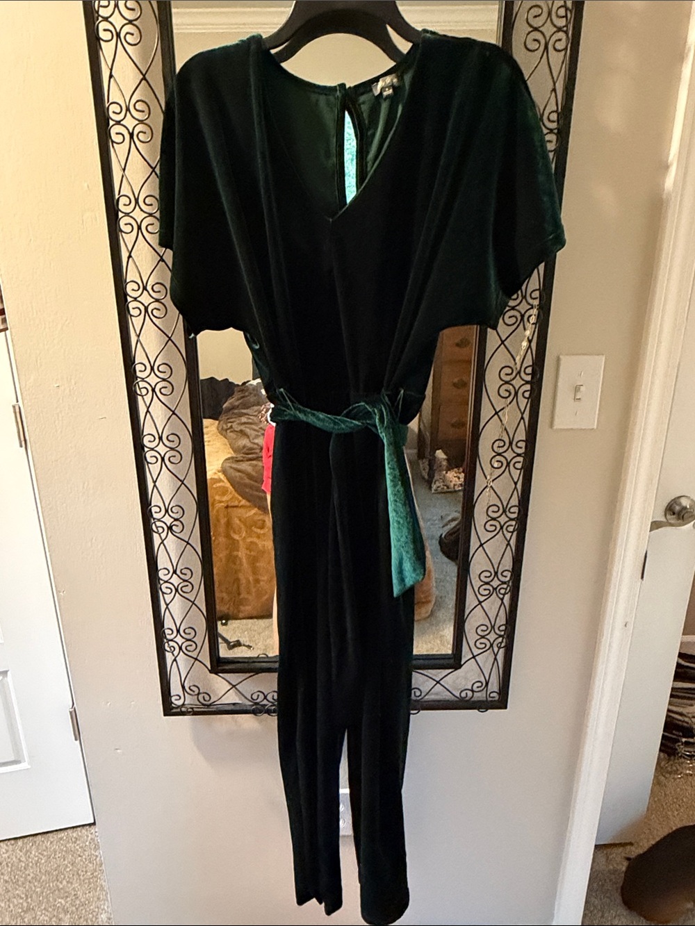 Pink Rose Emerald Velvet Jumpsuit with Tie Belt